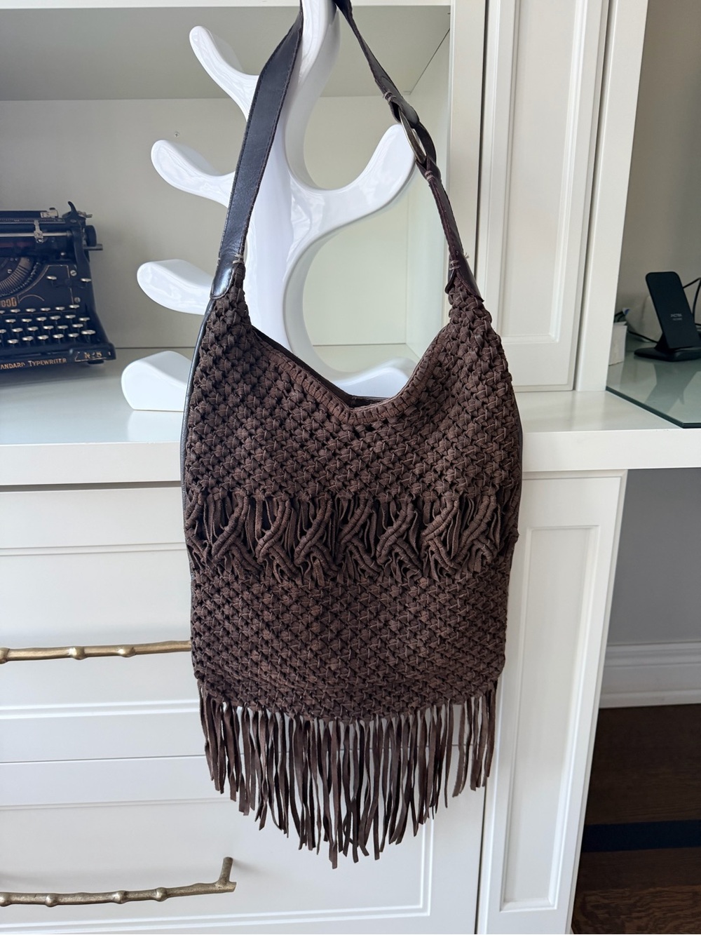 LUCKY BRAND Daisy Macrame Leather Suede Brown Boho Fringe Western Shoulder Purse